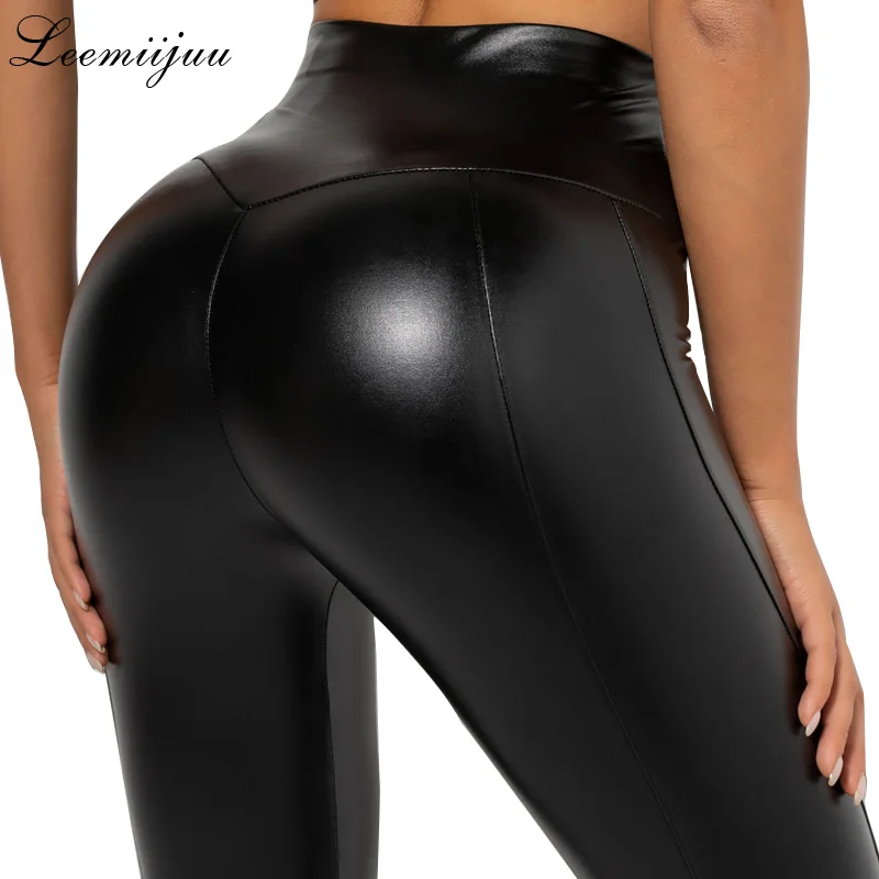 

LEEMIIJUU Women PU Leather Leggings Black Yoga Pencil Pants Women High Waist Sexy Skinny Stretch Thin Leather Trousers Leggings