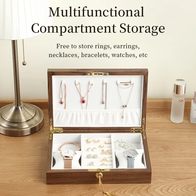 Casegrace Large Wooden Jewelry Box Women Men Gift Display Organizer Necklace Ring Earring Watch Jewellery Organizer Storage Case