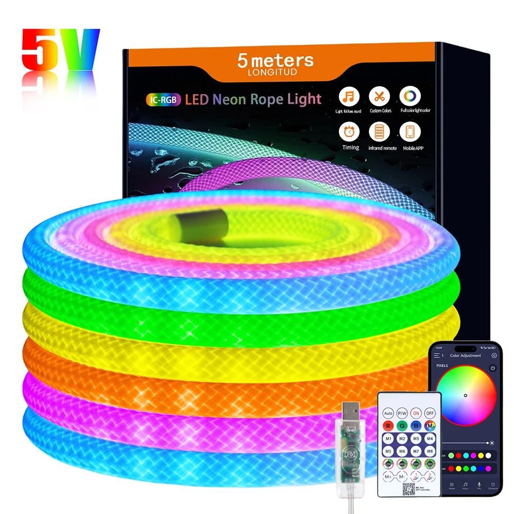 Фото Светодиодная лента 360° Round 5V USB Bluetooth WS2812B Rainbow RGB, гибкая неоновая лента из нейлона, с пультом дистанционного управления на 24 кнопки, водонепроницаемая. №3