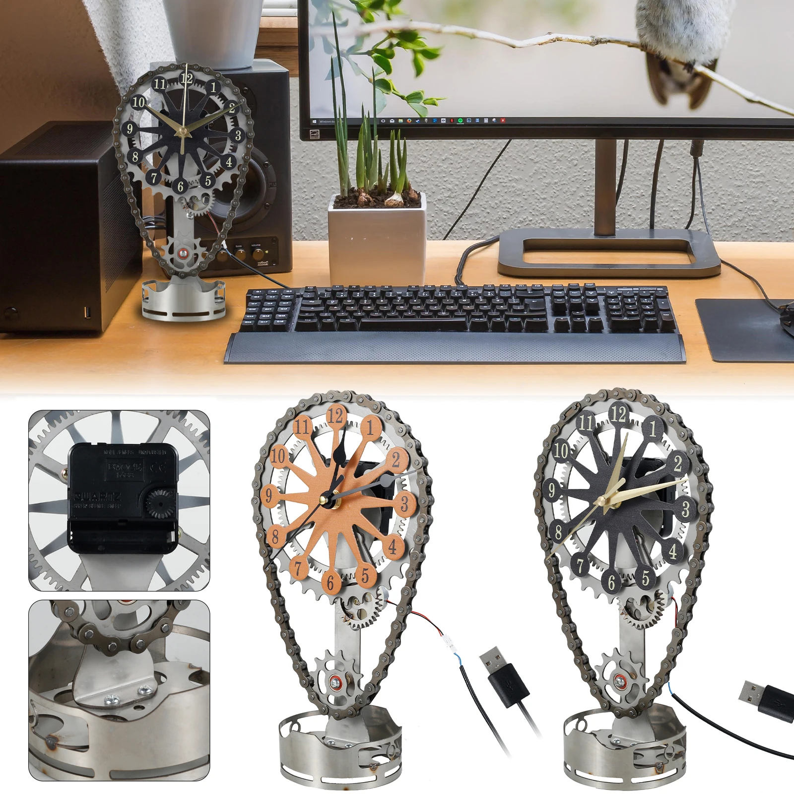 

Gears Clock Vintage Chain Clock Moving Gear Table Clock Crafts Creative Desk Clock Black/Gold Metal Table Clock Ornaments for