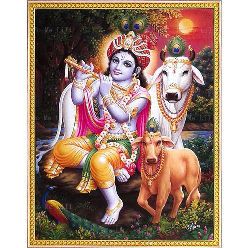 Красочные Редкие религиозные индуистские боги лорд кришна с Radha и коровья икры