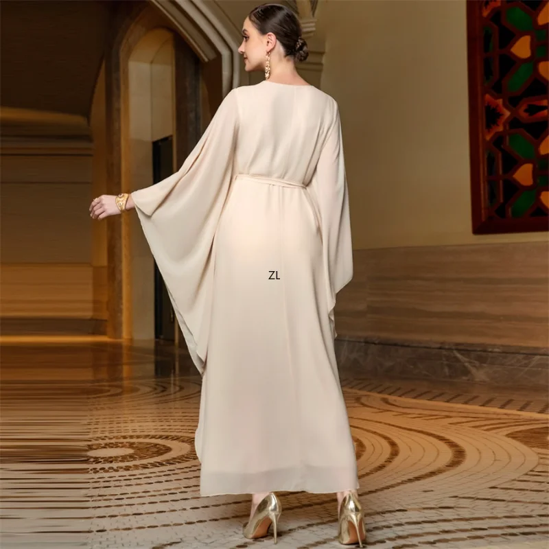 Elegant Floral Embroidery Sequins Butterfly Sleeves Belted Kaftan Ladies Evening Dresses Casual Loose Arab Muslim Women Clothes