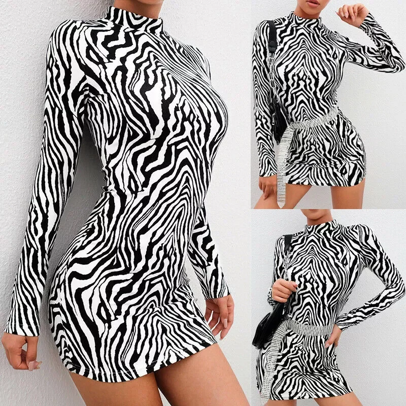 

New2022 Sexy Women Bodycon Long Sleeve Zebra Striped Dress Clubwear Print Turtleneck Slim Dress Evening Party Mini Pencil Dress