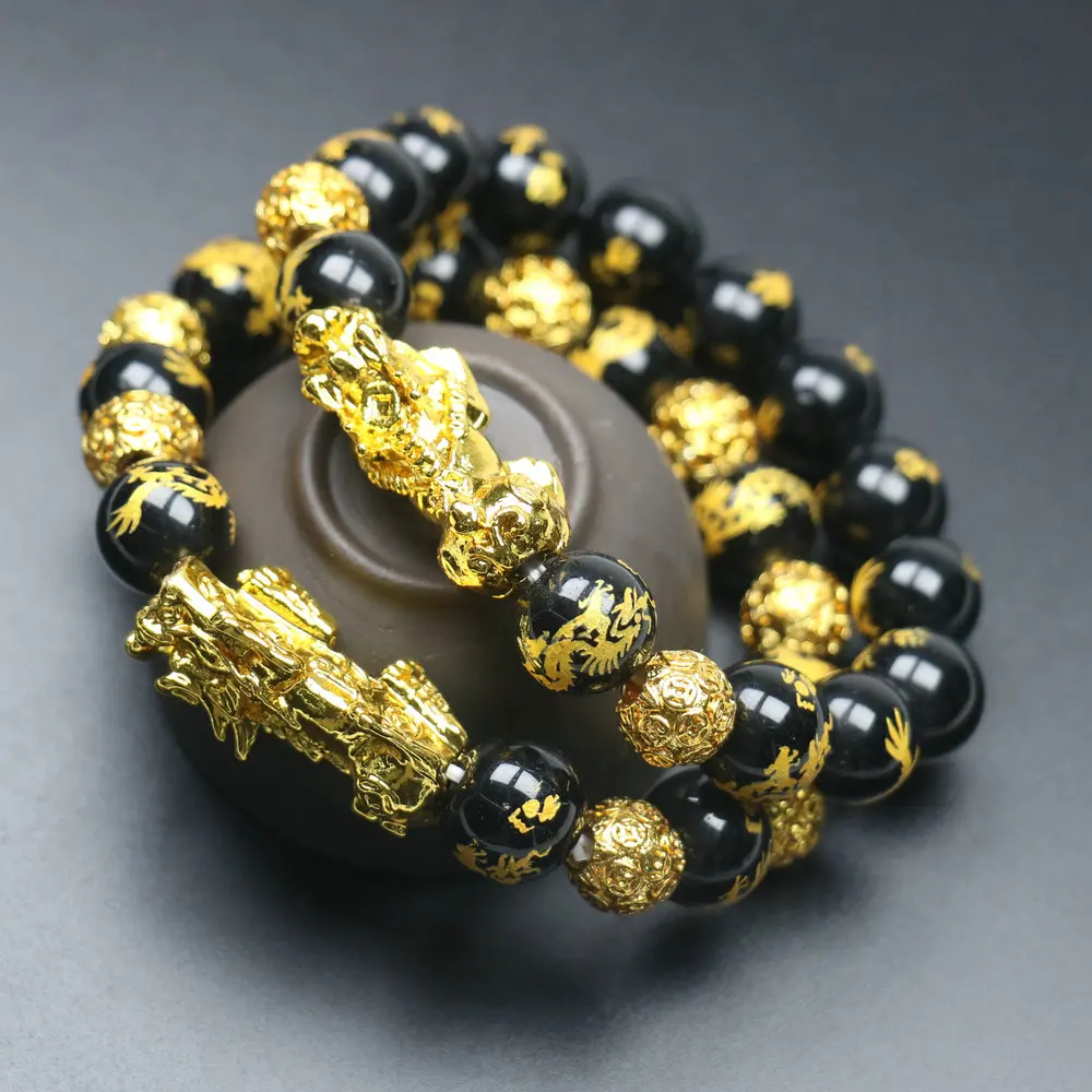 Men Wealth Bracelet Feng Shui Pi Xiu Bracelet Dragon Stone Beads Black Obsidian Men Women Couples Bracelet Wristband Jewelry