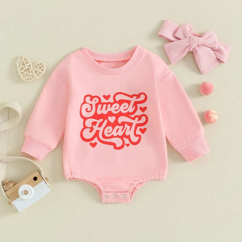 

Newborn Girl Outfit Long Sleeve Crew Neck Letters Heart Print Romper with Hairband Valentines Day Clothes