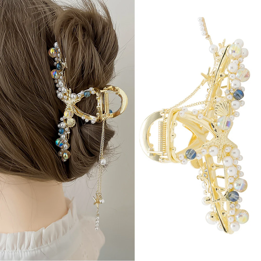 

1PCS Large Size Metal Shark Crab Starfish Vintage Pearl Tassel Hair Clip Shell Star Fringe Hair Claw Women's Hair Accessories