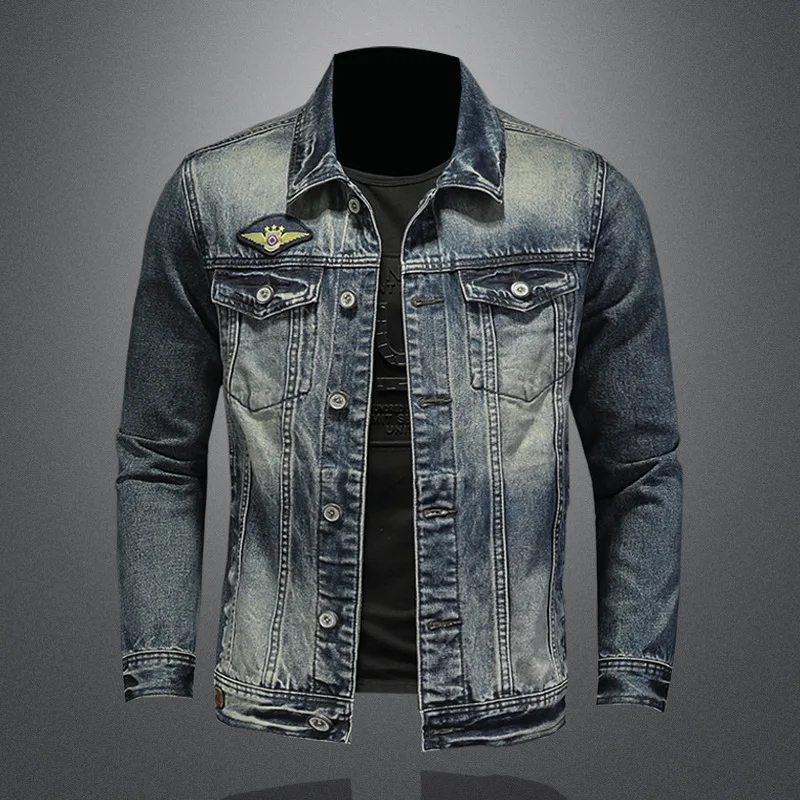 

Four Seasons Vintage Denim Coat Men Spring And Autumn Badge Personality Minimalist Denim Jacket Men Denim Jacket Men