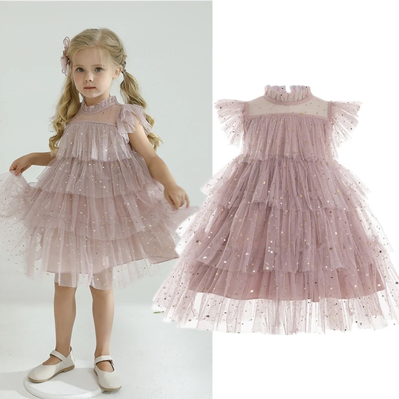 

Kids Girl Clothes Lace Dress Party Dress Sequins Solid Layered Gown Children Bridemaid Costume Baby Girls Summer Casual Clothing