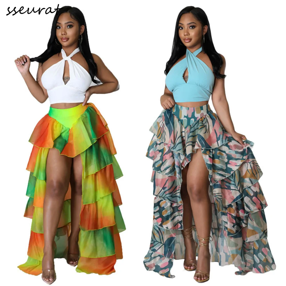 

SSEURAT Women Printed Mesh Cake Skirt 2022 Summer Beach Ruffles High Split Long Petticoat