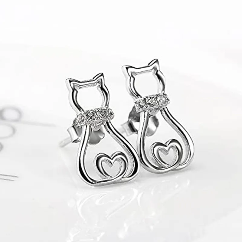 

Simple Female Hollow Cat Earrings Classic Silver Small Color Cute Earrings White Zircon Wedding Earrings Female