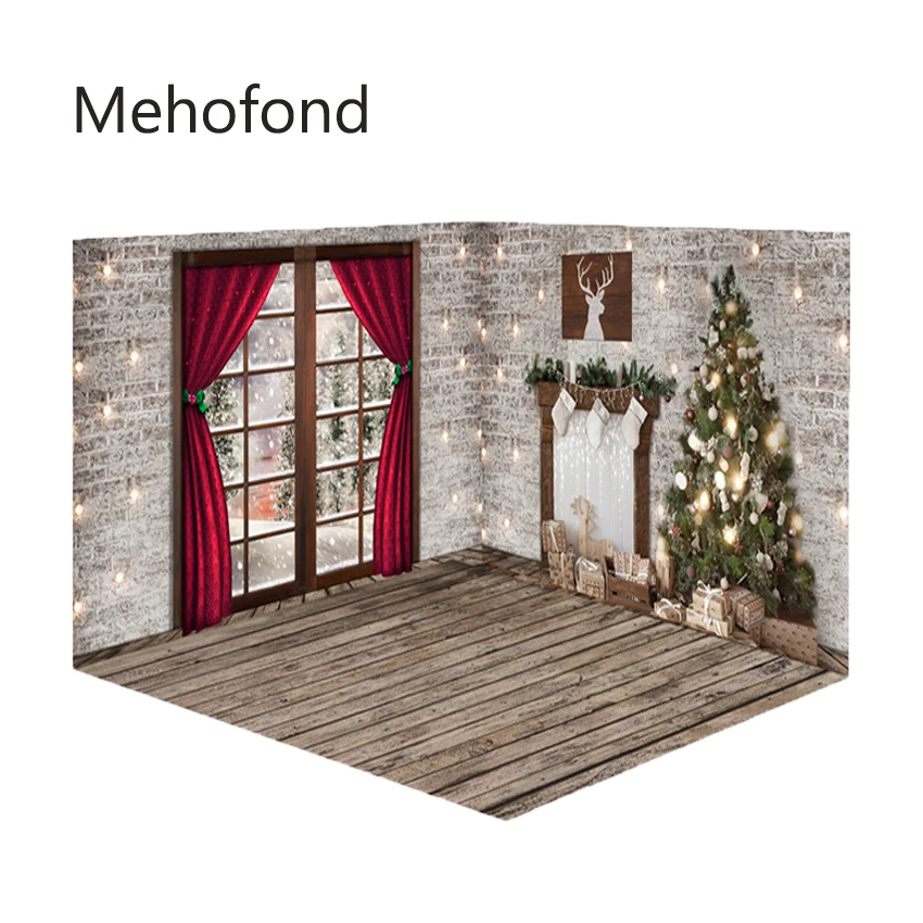 

Фон для фотосъемки Mehofond Рождественская деревянная стена фон окно Funnytree камин красная занавеска праздничный Декор Фотостудия
