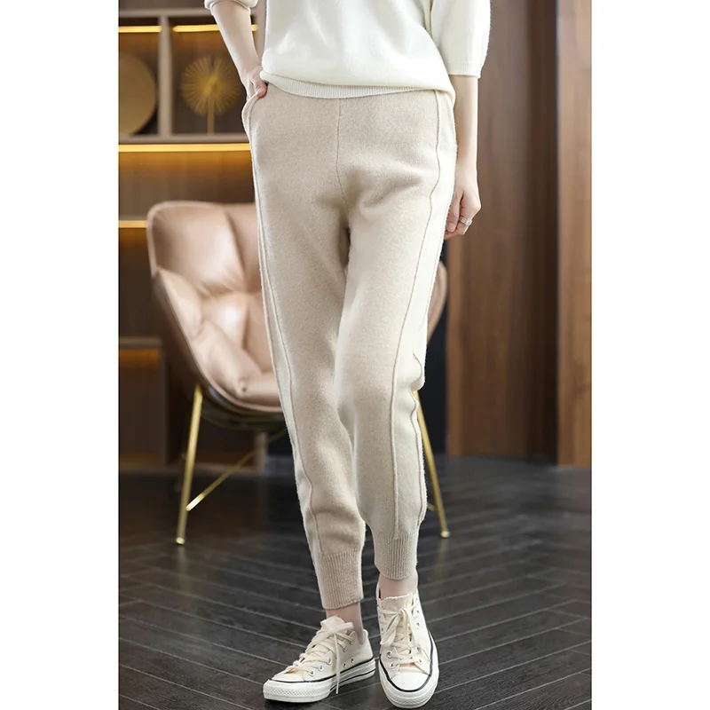 Trendy fashion 100% cashmere wool harem pants ladies knitted long pencil pants autumn and winter new women's pure wool pants