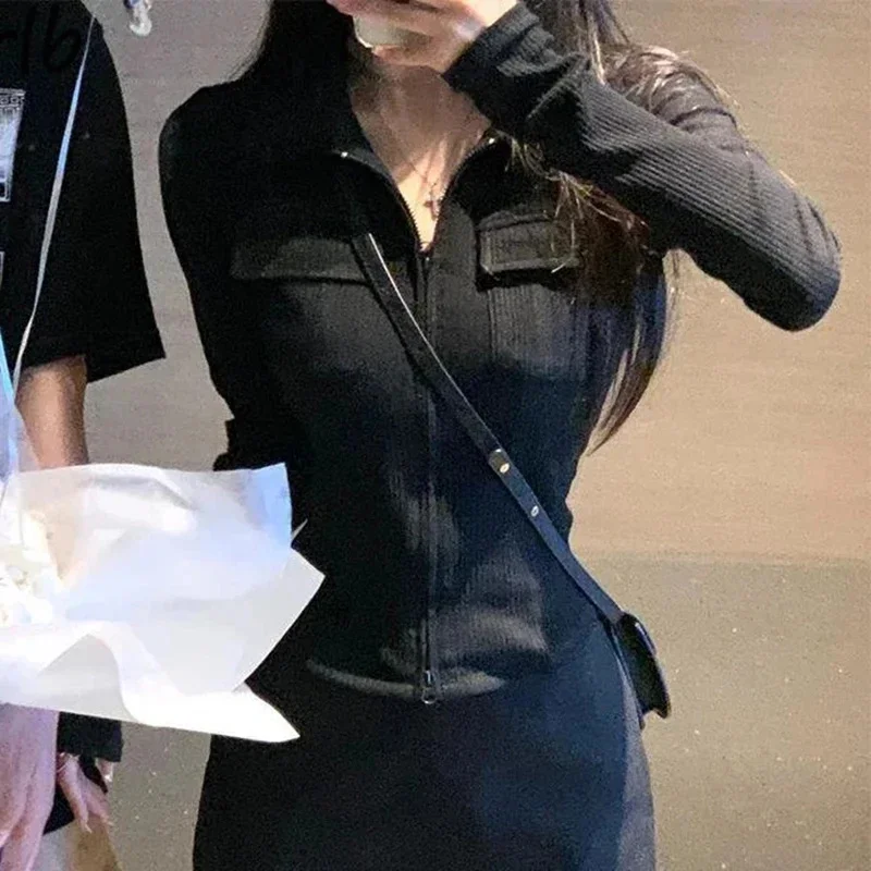 

Футболка Y2K Женская с длинным рукавом, уличная одежда, облегающий кроп-топ на молнии, корейская модная черная Асимметричная Повседневная футболка в стиле Харадзюку в стиле преппи