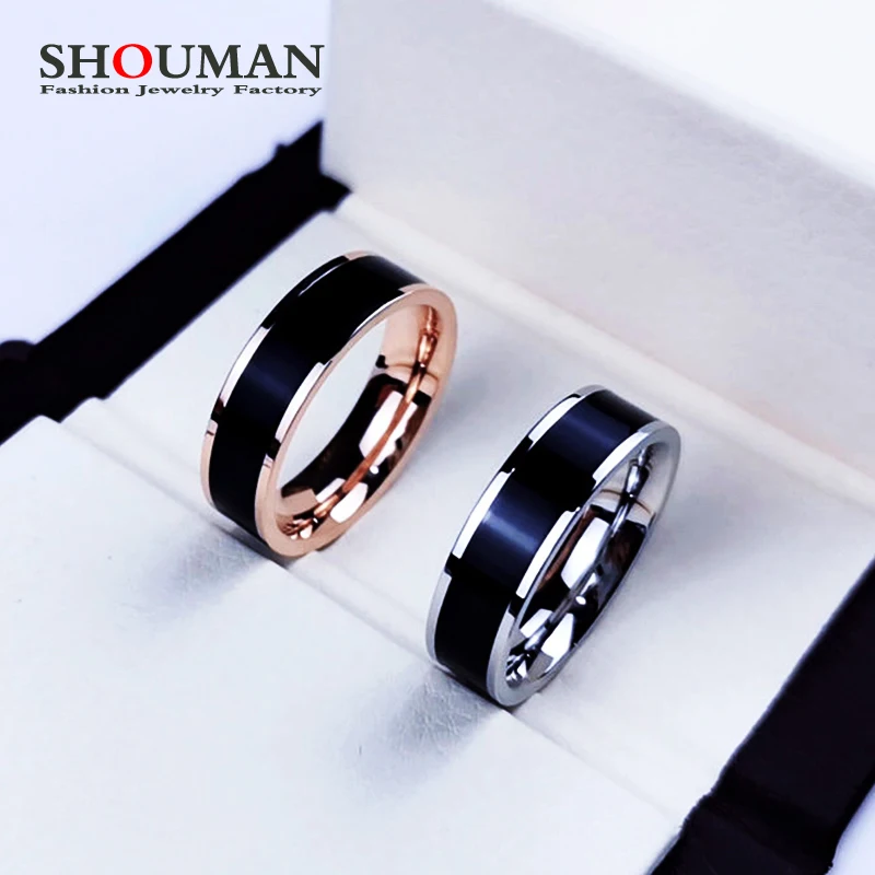 

SHOUMAN Rose Gold Color White Black Charm Ring for Woman Man Custom Engrave Name Wedding Jewelry 316L Stainless Steel Never Fade