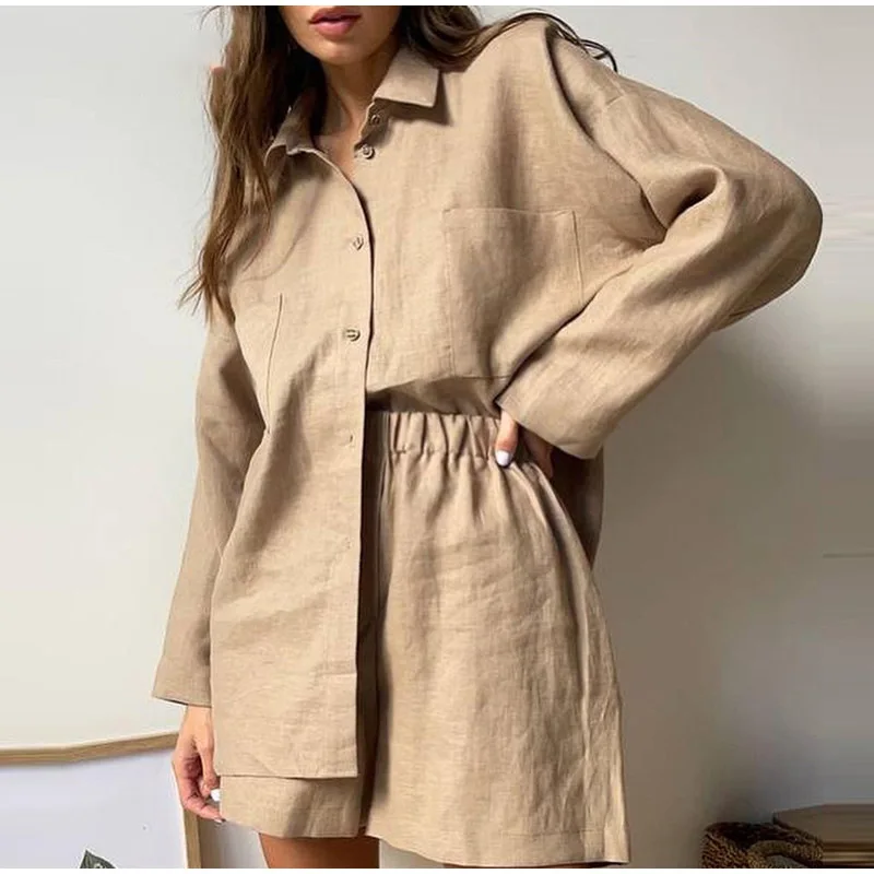 

2023 Spring and Summer French Fashion Casual Women's Solid Color Cotton Hemp Stitching Loose Shirt Coat Elastic Shorts Suit