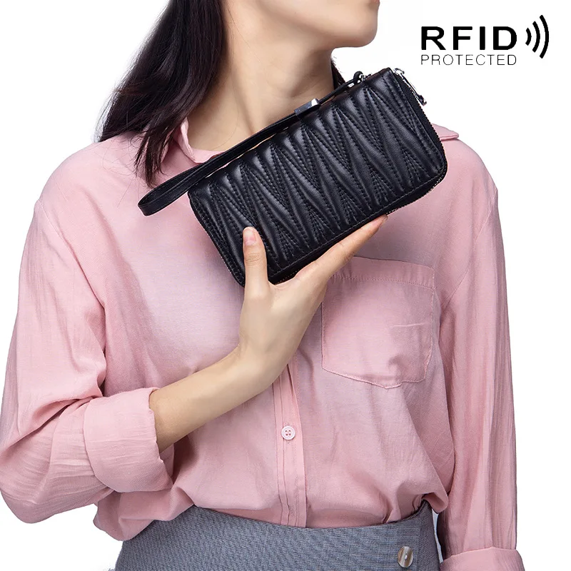 Black Long Wallet for Men Women RFID Blocking Clutch Organizer Genuine Leather Credit Card Holder Plaid Zipper Purse Phone Bag