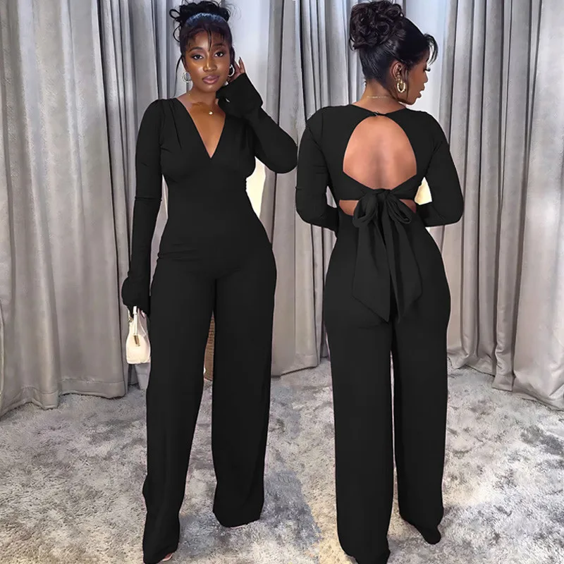 

Women Sexy Jumpsuits Long Sleeve V Neck Hollow Out Back Lace up High Waist Jumpsuits Female Fashion One Piece Suit Romper