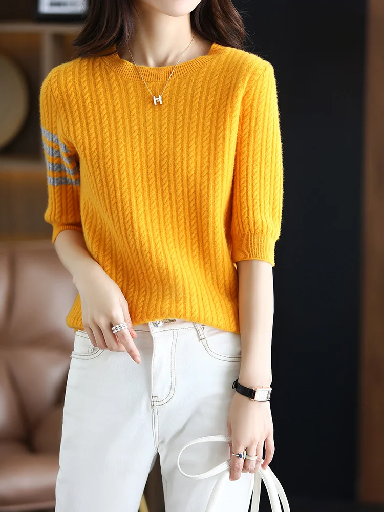 

MVLYFLRT 2022 Fall New Ladies Round Neck Half Sleeve Sweater 100% Merino Wool Knit Jumper Stripe Pullover Women