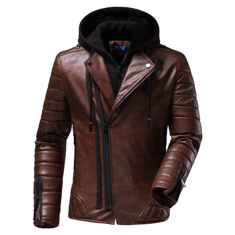 New Men 's PU Leather Jacket Personality Motorcycle Jacket Hooded Large Size Fashion Men' S Clothing