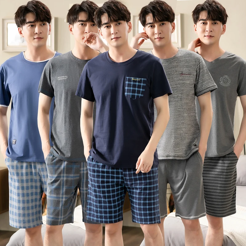 Plus Size Casual Plaid Short Sleeve Modal Pajama Sets Men Summer Korean Loose Sleepwear Suit Pyjama Male Homewear Lounge Clothes