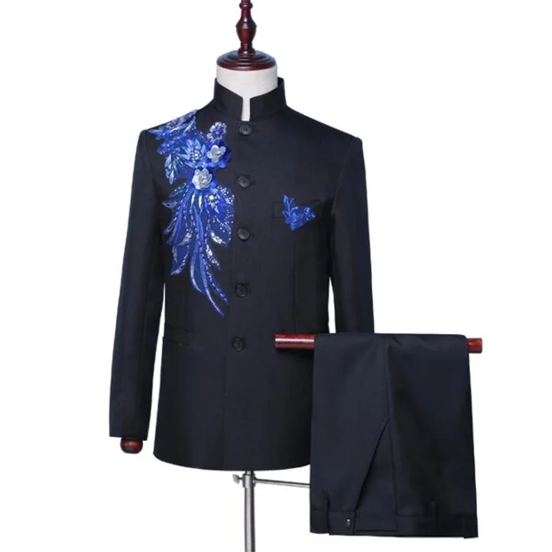 

Sticky flower blazer men chinese tunic suit set with pants mens wedding suits stand collar singer stage clothing formal dress