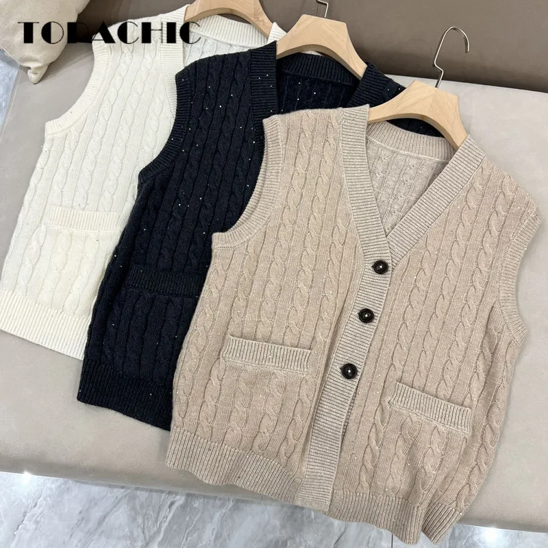 

Женский трикотажный жилет TOPACHIC, шерстяной жилет без рукавов с V-образным вырезом и двойным карманом, с блестками, 9,18