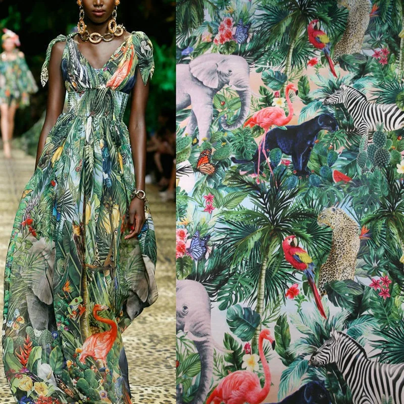 

Summer New Jungle Green Print Light and Thin Perspective Chiffon Shirt Fabric Dress Fabric