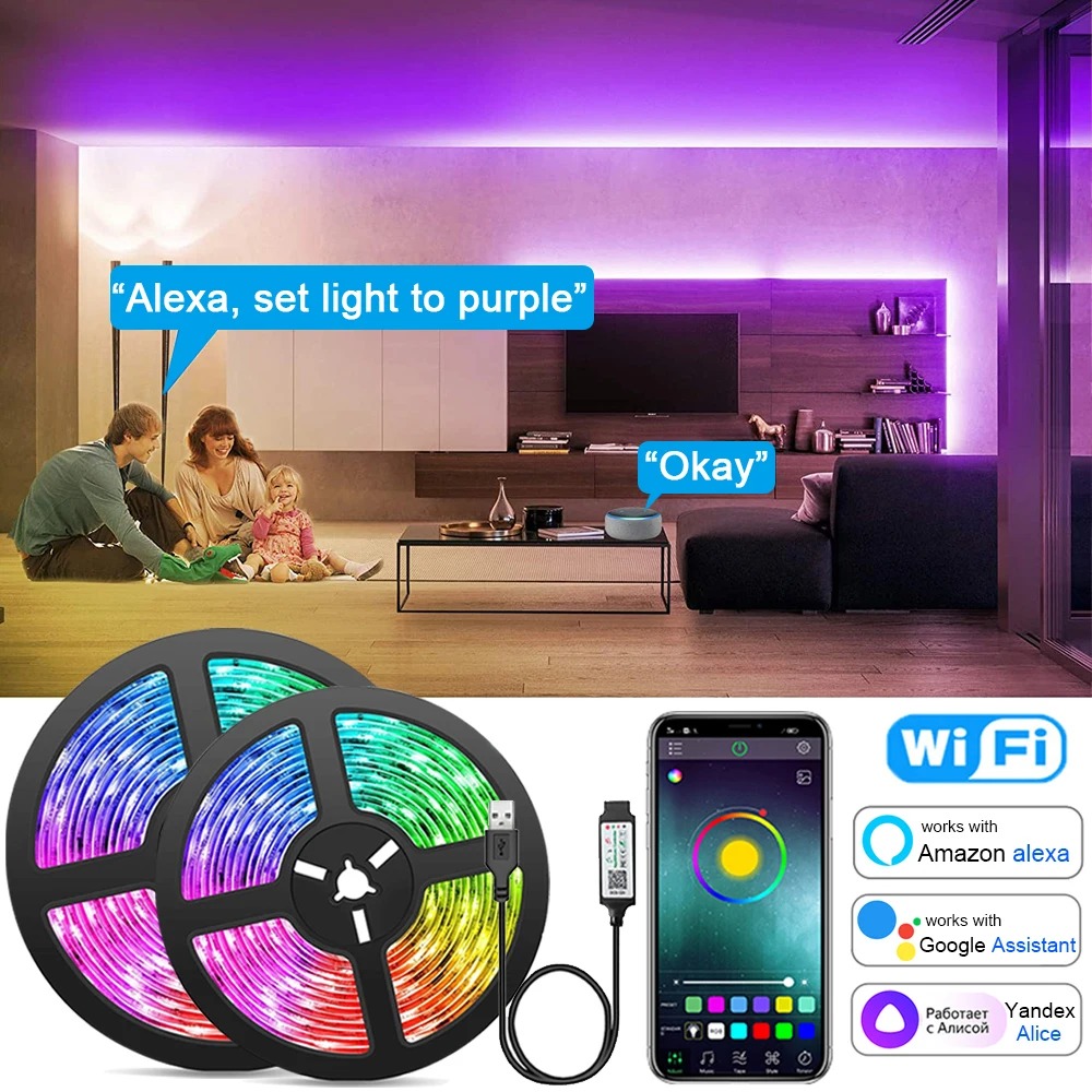 Светодиодная лента RGB 5050 с поддержкой Wi-Fi, совместима с Alexa и Google Home