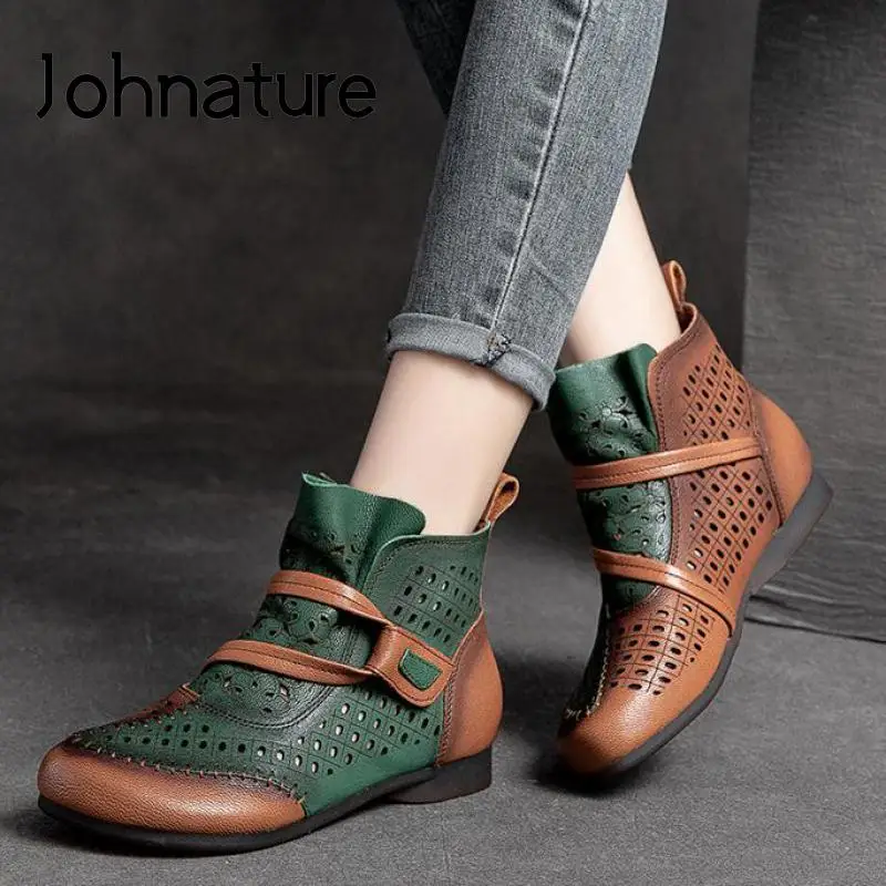 

Johnature Mixed Colors Retro Shoes Women Sandals Genuine Leather 2022 New Spring Summer Hook & Loop Hollow Casual Ladies Sandals