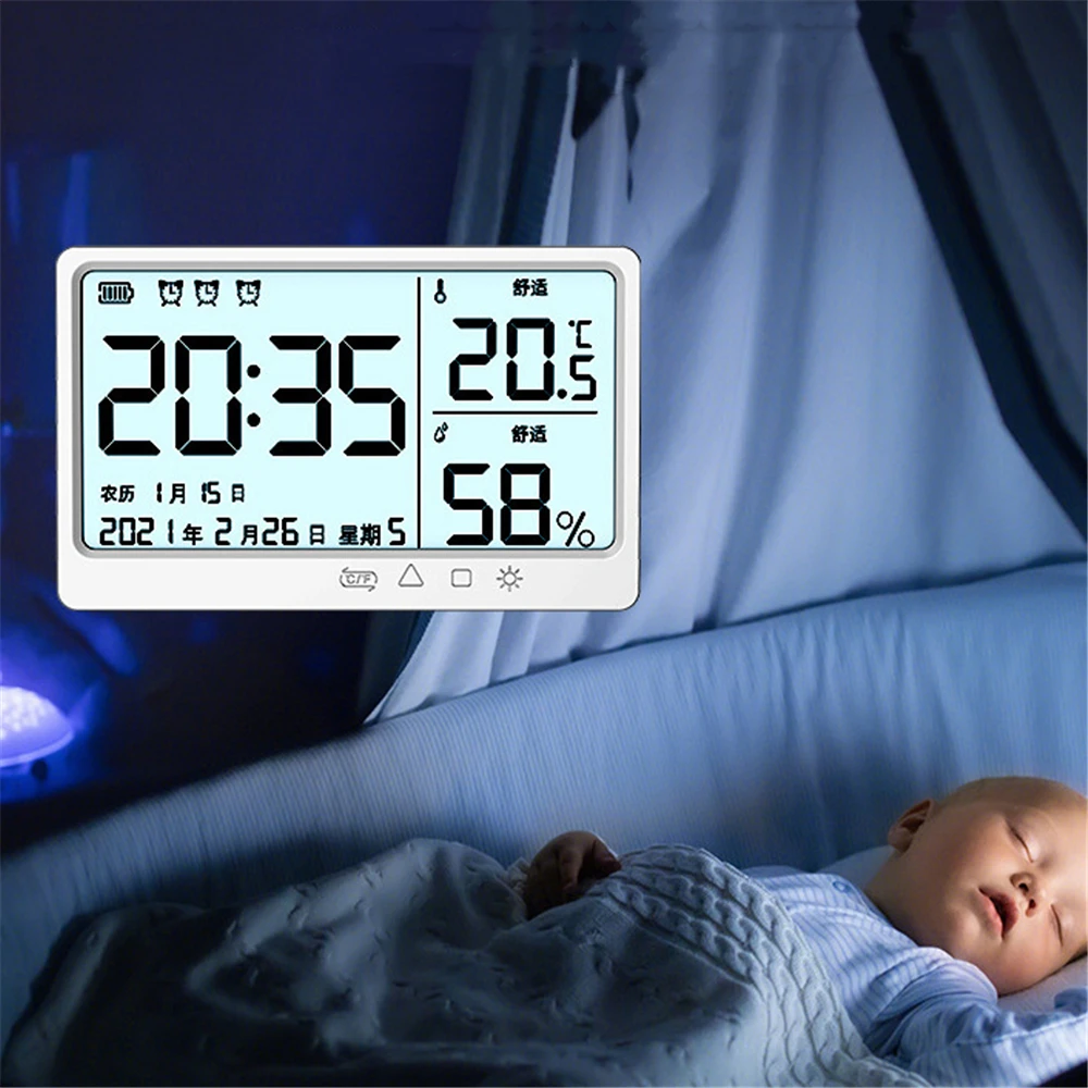 

Digital LCD Temperature Humidity Meter Indoor Weather Station Clock Baby Room USB Charging Electronic Thermometer Hygrometer
