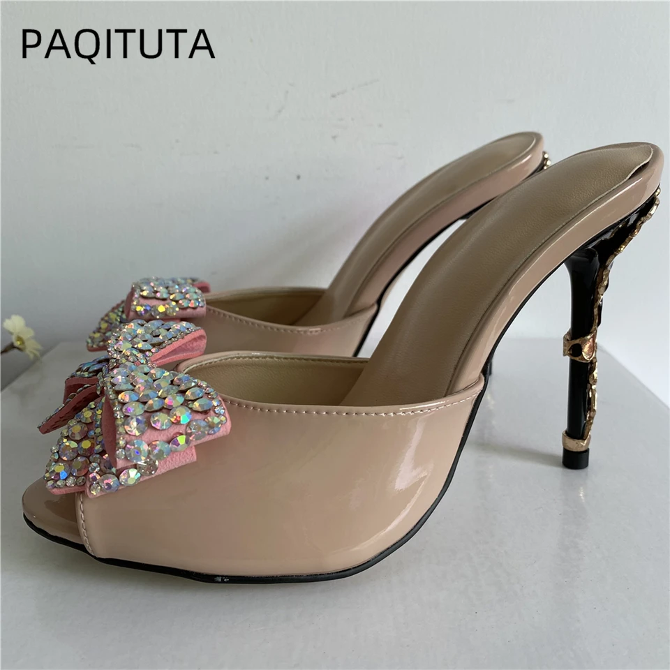 

Jeweled Diamond Beaded Flower Sandals Women Colorful Petal Decor Stiletto Heel Patent Leather Slingbacks Mules Summer