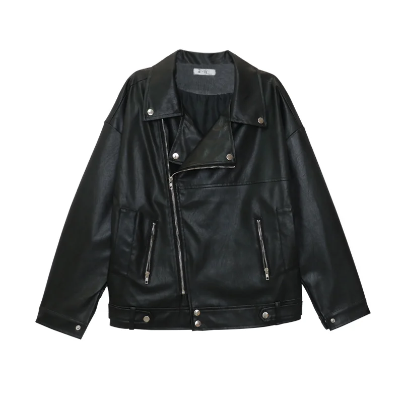 Spring Autumn Faux Leather Jacket Women Casual PU Loose Motorcycle Jackets Female Streetwear Oversized Coat Korean black top