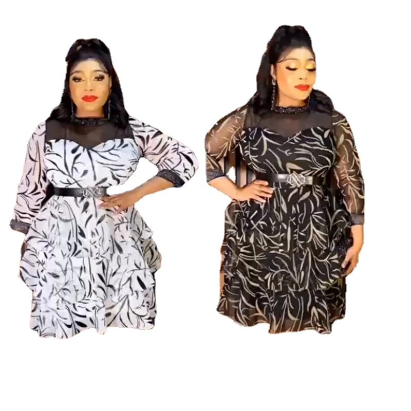 African Dresses for Women Summer Elegant African Women 3/4 Sleeve Black White Polyester Knee-length Dress African Clothes L-3XL images - 6