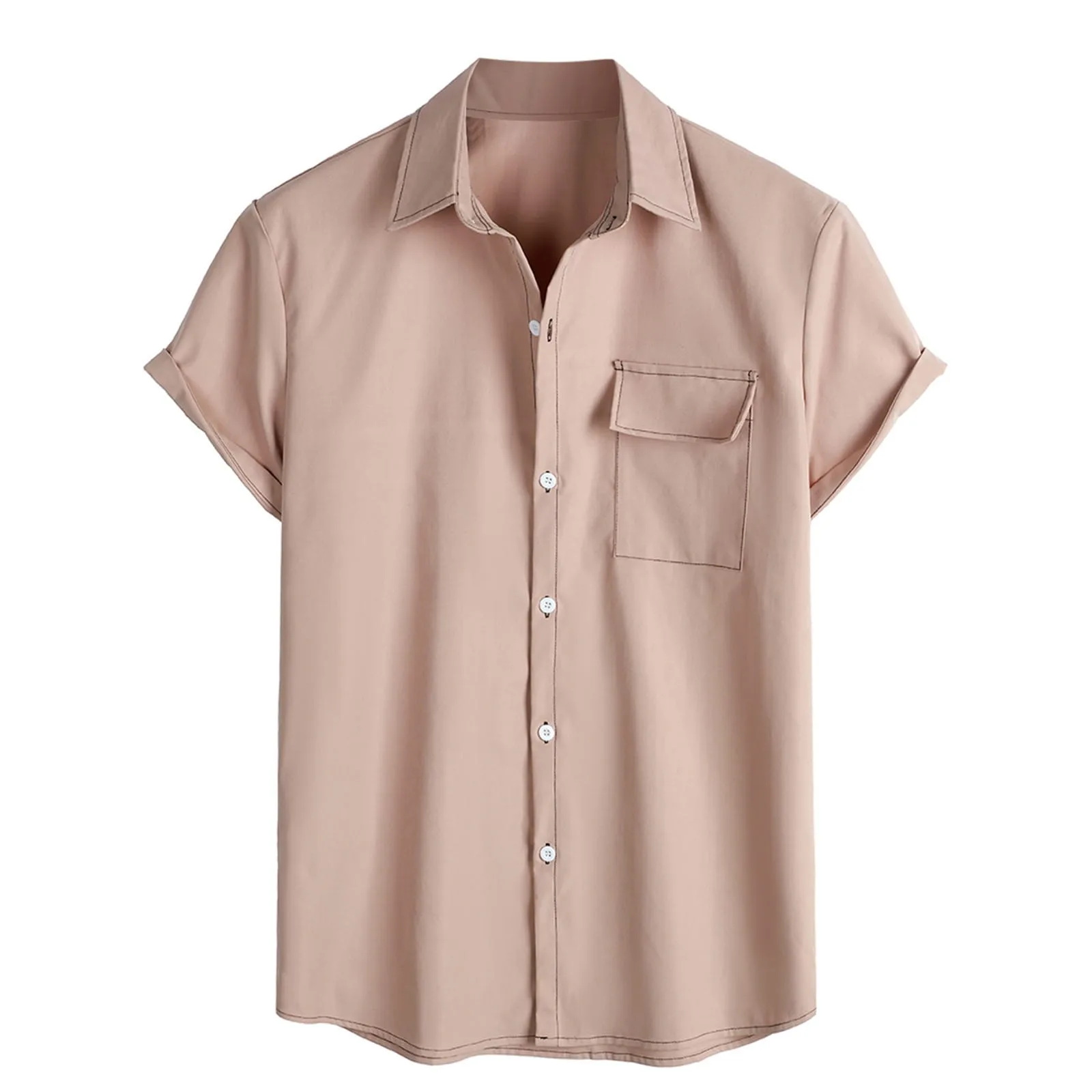 

Summer Cotton Shirt Social Business Shirts Solid Color Button Shirts For Men Pocket Camisas Blusas Lapel Collar Workwear Tops