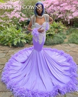 purple o neck long prom dresses for black girls 2022 tassel evening dress feathers celebrity gown with sleeve birthday party