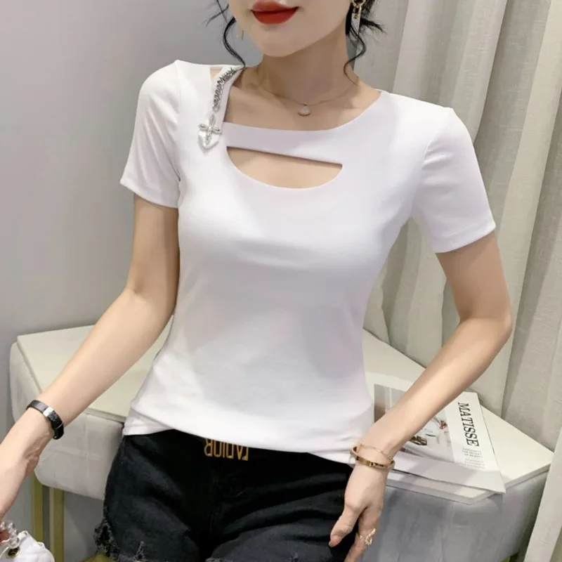 

#5265 черная, белая, зеленая футболка с коротким рукавом, женская сексуальная облегающая футболка с вырезами и косым воротником, Женская эласт...