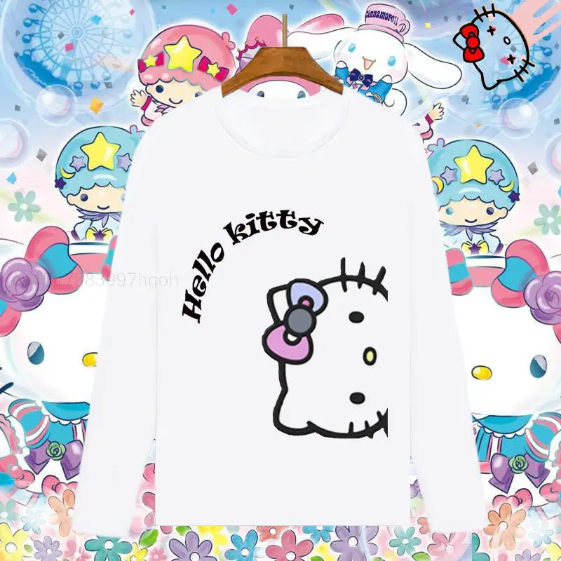 

Женская футболка с длинным рукавом Sanrio, белая хлопковая Футболка с принтом Hello Kitty Y2k в японском стиле, Свободный Топ для студентов, одежда дл...