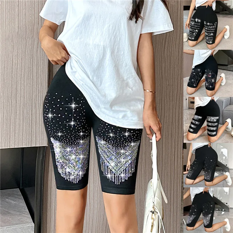 Black Stretch Rhinestone Skinny Shorts Women Leggings Pearl Letters Hot Drilling Knee-length Elastic Pants Slim Yoga Leggings
