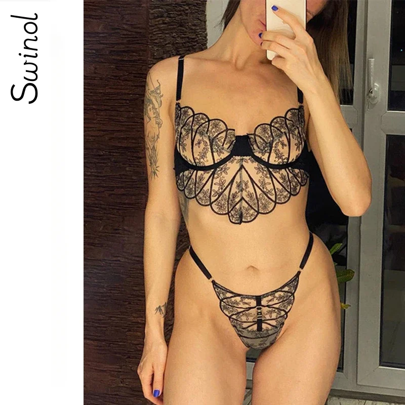 

Swinol чувственное нижнее белье, комплект из бюстгальтера и трусиков, Прозрачное нижнее белье из 2 предметов без цензуры, эротический костюм с черной кружевной вышивкой