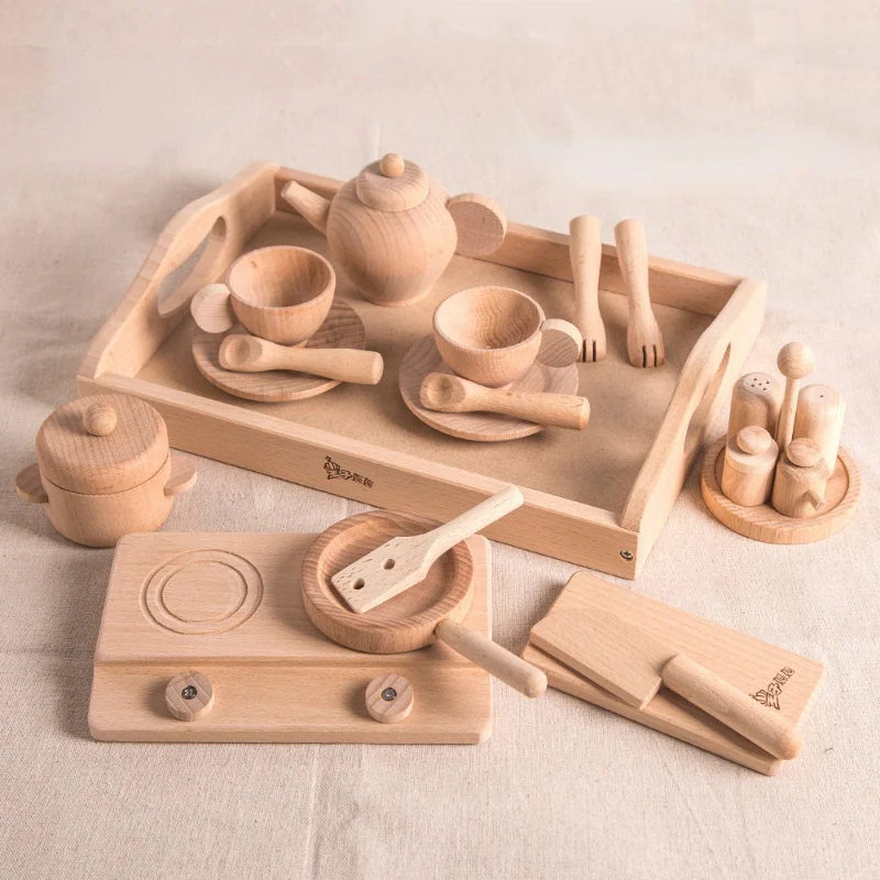 

Ins Korea Wooden Tea Set Simulation Play House Toys Safety Environmental Protection Pots and Pans Tableware Combination Beech