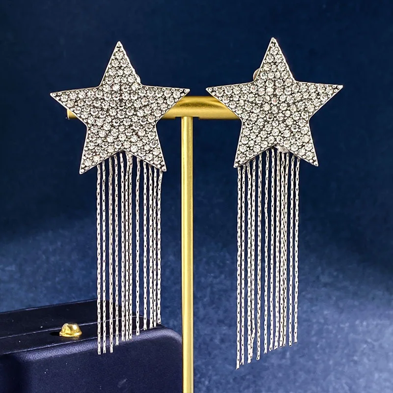 

High Quality Gold Silver Color Full Bore Five Point Star Chain Tassel Long Earrings For Women Wedding Fashion Jewelry LE073