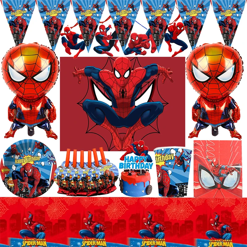 

Spiderman Birthday Party Decoration Balloons Tablecloth Paper Cups Plates Napkins Topper forBoys Disposable Cutlery Baby Shower