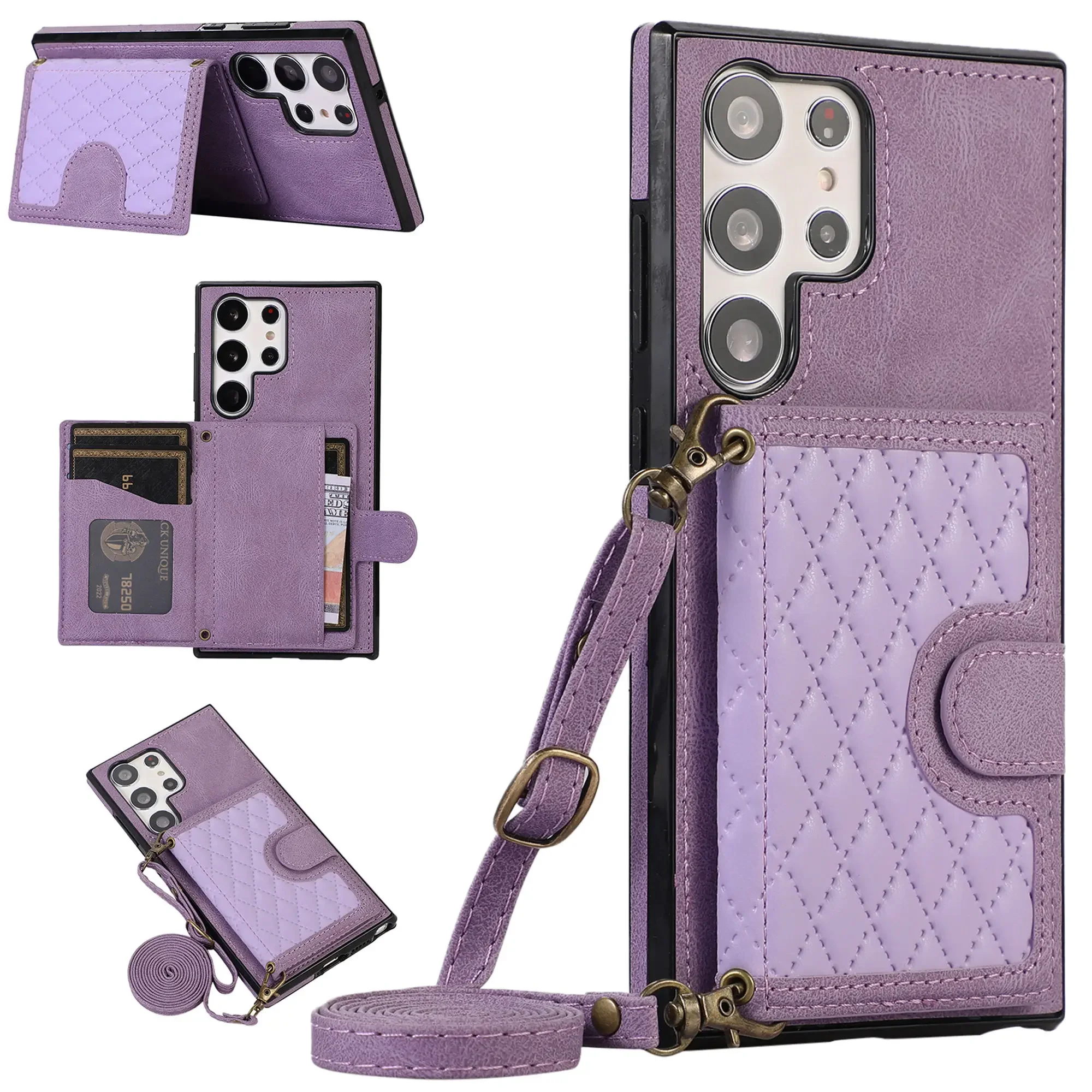 

For Samsung Galaxy S23 S22 S21 S20 FE Note 20 10 Plus Crossbody Wallet Case Zipper Flip Cover, Card Slots Wrist Strap Lanyard
