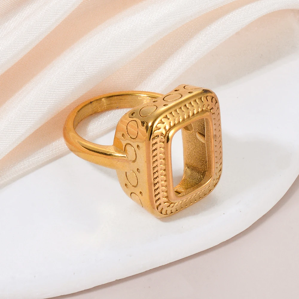 

Vintage Stainless Steel Hollow Square Ring Texture Metal Geometric Jewelry Waterproof кольцо женское Personalized