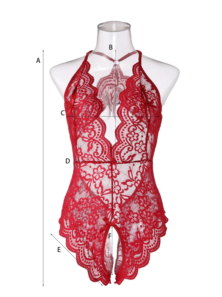 

Red Sexy Crotchless Lingerie Women Lace Hollow Bodysuit Erotic Costumes Teddy Stripper Outfit Deep V Exotic Porn Underwear Set