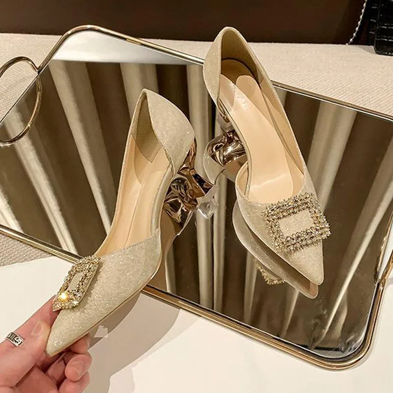 

6cm Fashion New Spike High Heels with Rhinestone Pointed Toe Pumps Beige Shoes for Women 41 42 43