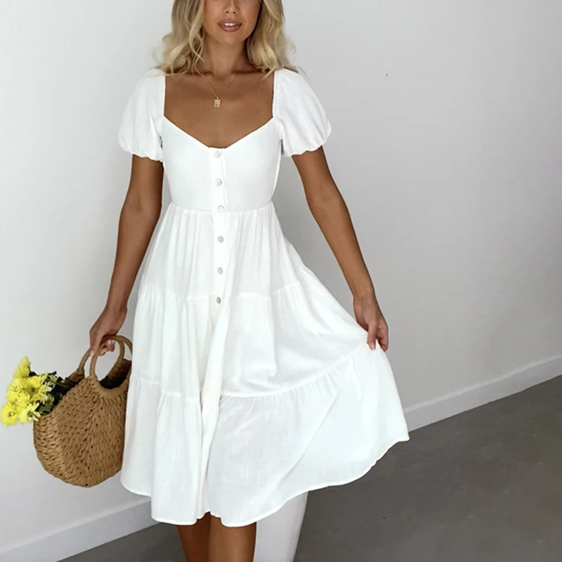 

New Summer Long Dreeses Short Sleeve Casual Dress Women Korean White Dresses OL Work Vestidos Elegant Ladies Maxi Woman Clothing