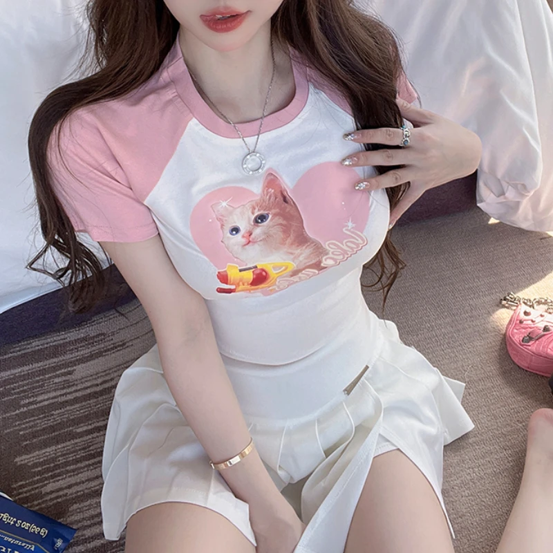 

Женский укороченный топ в Корейском стиле, Весенняя Лоскутная футболка с принтом в стиле ретро, эластичная футболка с короткими рукавами, 2023