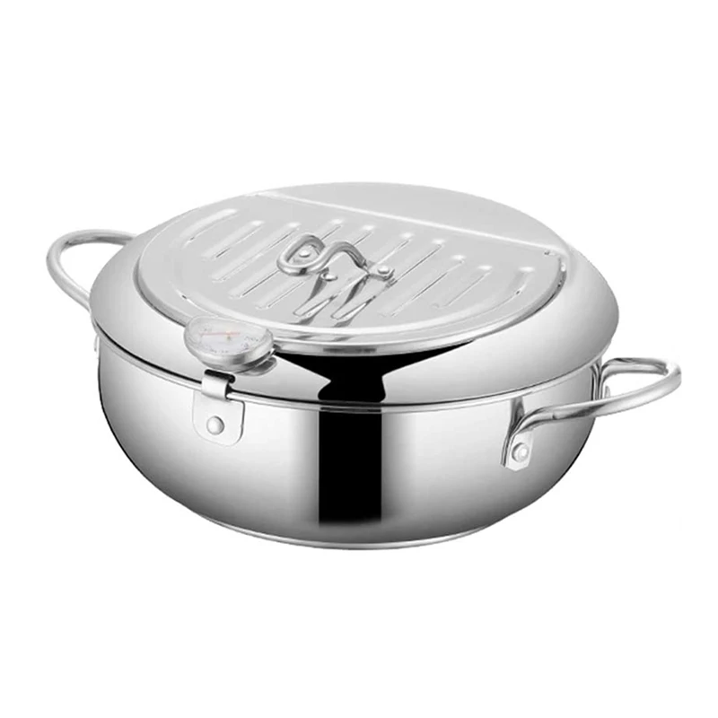 

Tempura Frying Pot, Japanese Style 304 Stainless Steel Deep Fryer Pan With Thermometer,Lid And Oil Drip Drainer Rack