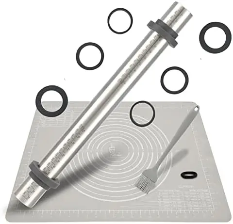 

Silicone pad for kneading and baking, stainless steel kneading roller, with 5 adjustable disc rings, pastry anti slip pad, squar